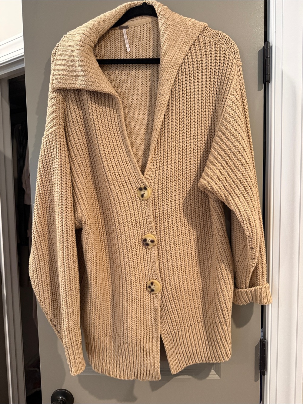 Free People Camel Ribbed Chunky Button-Front Cardigan